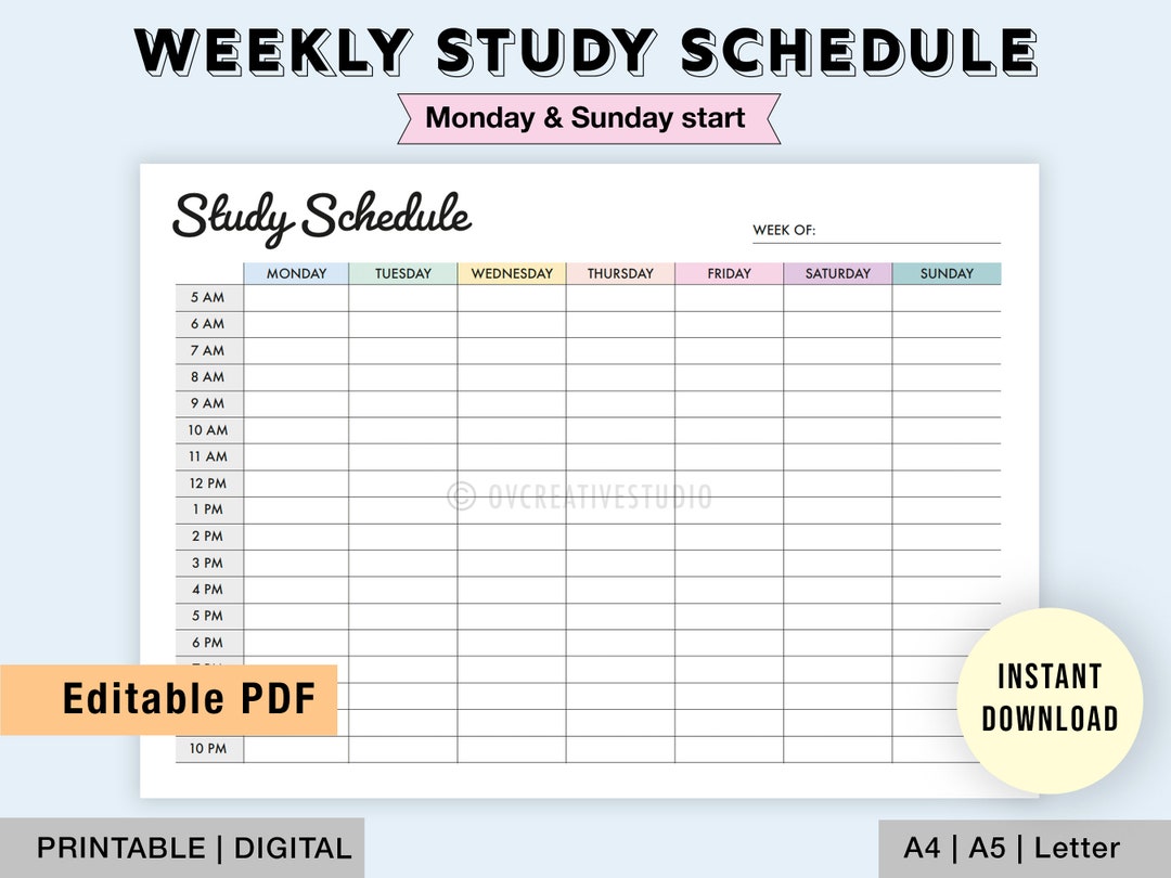 Editable Weekly Study Schedule Printable Study Planner Weekly Student Planner School Planner Editable Weekly Study Schedule Printable Study Planner Weekly Student Planner School Planner