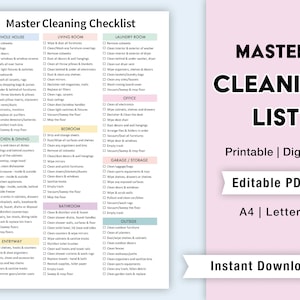 Bewerkbare Master Cleaning Checklist | Printable House Chore Lijst | Schoonmaakschema, Reinigingsplanner, Sjabloon | Chore Chart Volwassene | .PDF