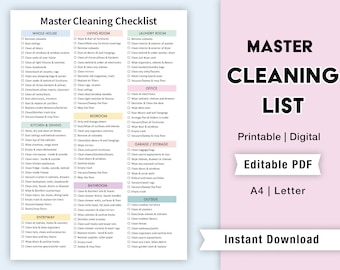 May include: A printable cleaning checklist titled "Master Cleaning List" with sections for whole house, kitchen, living room, and more. The checklist is in a PDF format and available for instant download.
