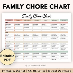 EDITABLE Family Chore Chart | | Printable Weekly Chore List | Kids, Adults Chore Chart | Cleaning Schedule, Cleaning Planner, Checklist PDF