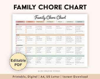 EDITABLE Family Chore Chart | | Printable Weekly Chore List | Kids, Adults Chore Chart | Cleaning Schedule, Cleaning Planner, Checklist PDF