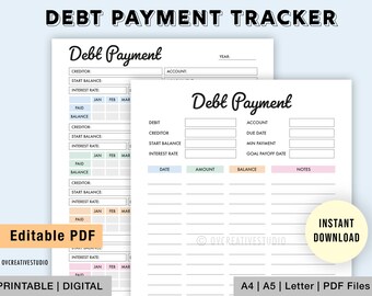 Editable Debt Payment Tracker, Printable Debt Tracker, Debt Planner, Debt Snowball Tracker, Money Planner, Debt payoff log, Debt Progress