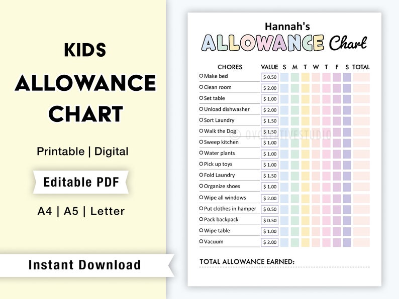 Editable Allowance Tracker Kids | Earn Money Chart | Daily Weekly ...