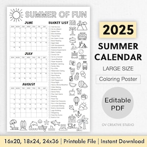 2025 Summer Coloring Calendar, Printable Kids Summer Planner, Summer Bucket List, Summer At A Glance, Coloring Wall Poster, Kids Activity