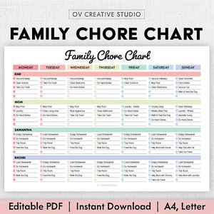 BEWERKBARE familiekarweigrafiek | | Afdrukbare wekelijkse klusjeslijst | Takenschema voor kinderen, volwassenen | Reinigingsschema, schoonmaakplanner, checklist PDF