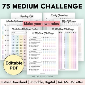 Editable 75 Medium Challenge Tracker Bundle | Printable | Daily 75 Medium Challenge journal, Tracker Rainbow, Habit Tracker, Digital Tracker