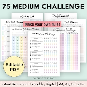 Editable 75 Medium Challenge Tracker Bundle | Printable | Daily 75 Medium Challenge journal, Tracker Rainbow, Habit Tracker, Digital Tracker