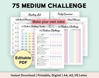 Editable 75 Medium Challenge Tracker Bundle | Printable | Daily 75 Medium Challenge journal, Tracker Rainbow, Habit Tracker, Digital Tracker