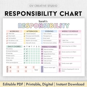 Editable Responsibility Chore Chart for Kids | Printable | Kids Daily Weekly Schedule | Kids Chore List | Kids Daily Routine Checklist | PDF
