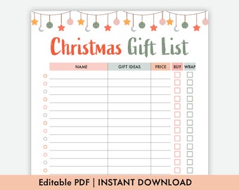 Könnte beinhalten: Druckbare Weihnachtsgeschenkliste mit einem festlichen Design mit roten und grünen Sternen, Monden und Ornamenten. Die Liste enthält Spalten für Name, Geschenkideen, Preis, Kaufen und Einpacken.