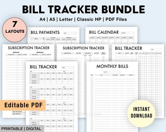 Editable Bill Payment Tracker Bundle | Monthly Bill Tracker Printable | Subscription Tracker, Bill Log | Bill Payment Checklist Digital PDF