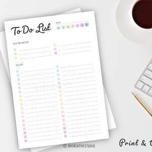 May include: Printable to-do list with a colorful design. The list is divided into two sections: Top Priorities and To Do. There are spaces for writing the date and the days of the week. The text "Print & Write" is at the bottom of the page.