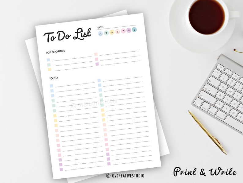 May include: Printable to-do list with a colorful design. The list is divided into two sections: Top Priorities and To Do. There are spaces for writing the date and the days of the week. The text "Print & Write" is at the bottom of the page.