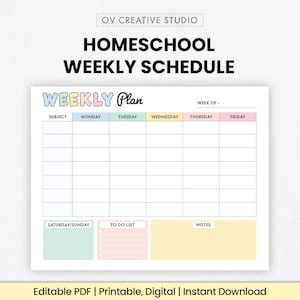 Editable Homeschool Weekly Schedule | Kids Weekly Plan | Printable Weekly Planner | Homeschool Planner Printable | Homeschooling Plan | PDF