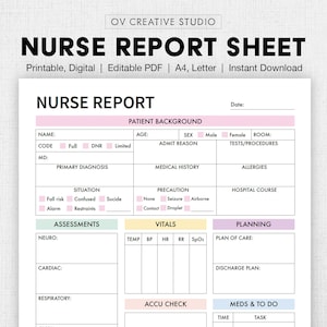 Editable Nurse Report Sheet | Printable, Digital | Nurse Brain Sheet, Single Patient Reporting Template, Nurses Resources, Med Surg, PDF