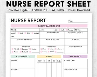 Editable Nurse Report Sheet | Printable, Digital | Nurse Brain Sheet, Single Patient Reporting Template, Nurses Resources, Med Surg, PDF