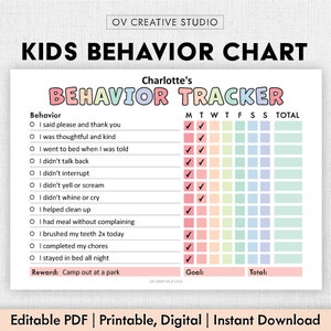 May include: A printable behavior tracker chart for kids with a rainbow color scheme. The chart is titled "Charlotte's Behavior Tracker" and includes a list of behaviors to track, such as "I said please and thank you", "I was thoughtful and kind", and "I helped clean up". The chart also includes columns for each day of the week and a total column.