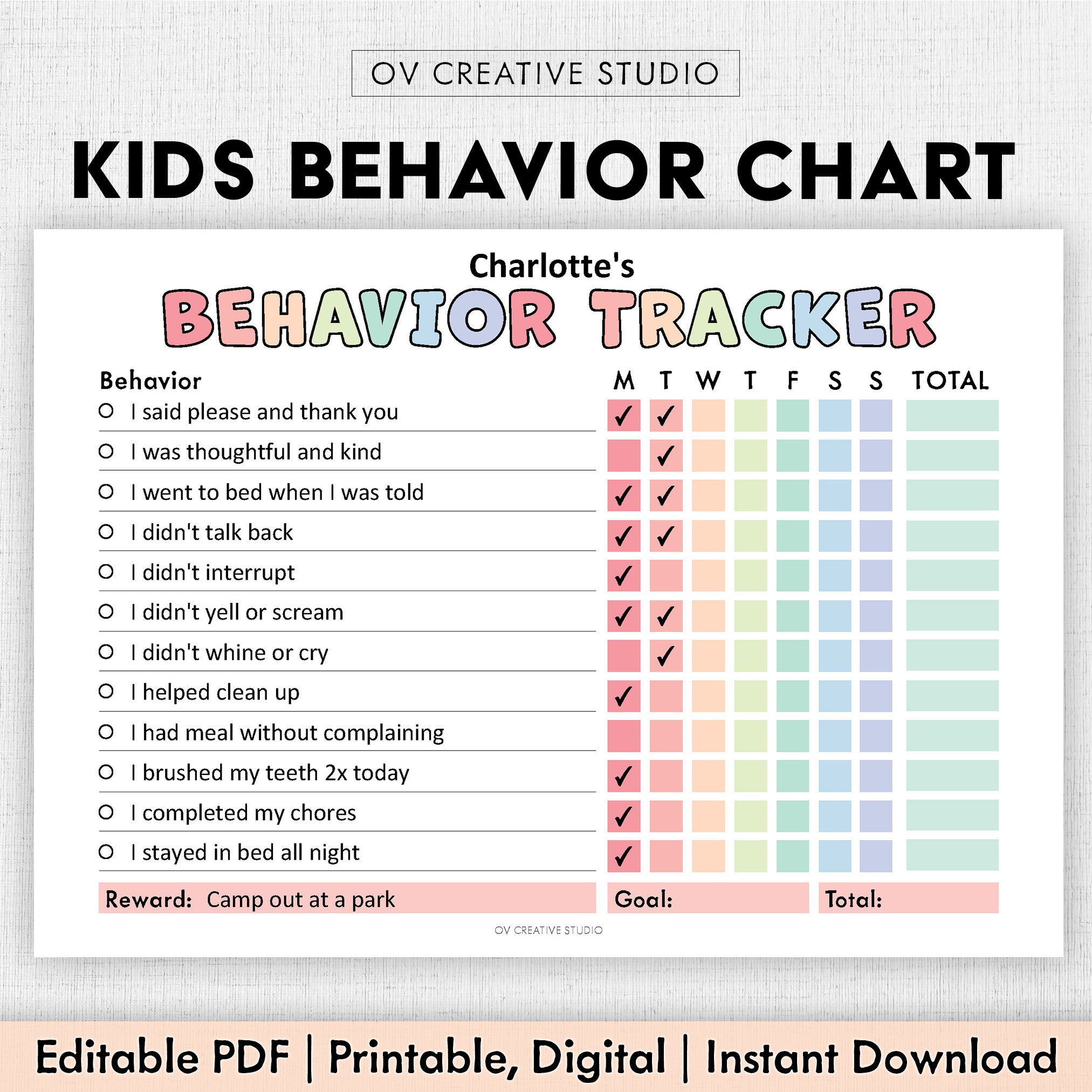 Behavior Reward Chart for Kids | Printable, Editable