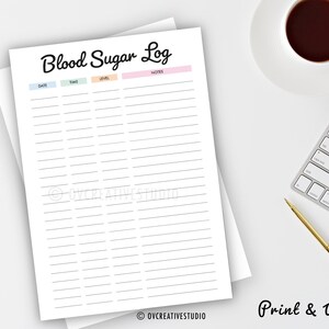 May include: Printable blood sugar log with columns for date, time, level, and notes. The page has a light pink, light blue, and light green color scheme.