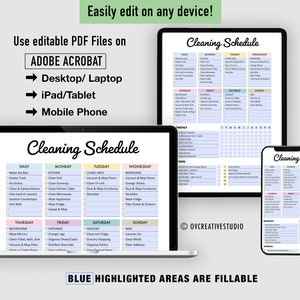 May include: A digital cleaning schedule template with a blue, pink, and yellow color scheme. The template is divided into daily, weekly, and monthly tasks. The text "BLUE HIGHLIGHTED AREAS ARE FILLABLE" is at the bottom of the template.