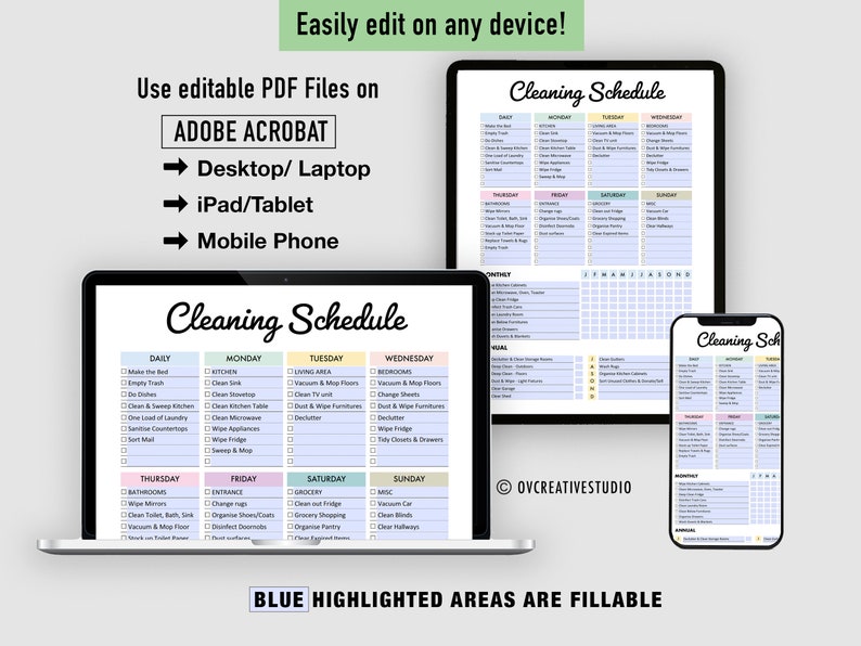 May include: A digital cleaning schedule template with a blue, pink, and yellow color scheme. The template is divided into daily, weekly, and monthly tasks. The text "BLUE HIGHLIGHTED AREAS ARE FILLABLE" is at the bottom of the template.