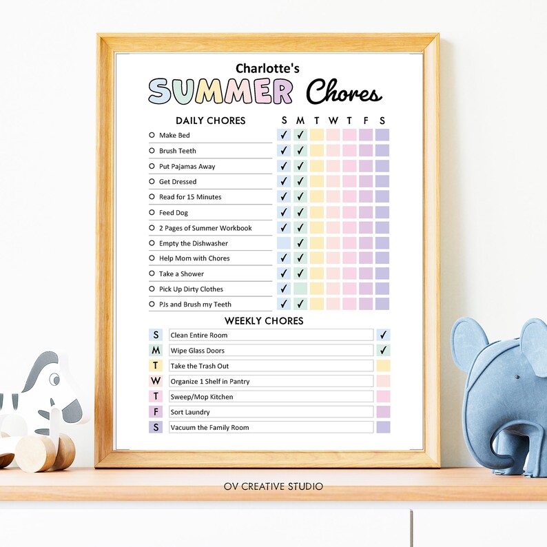 May include: A printable chore chart for kids with a summer theme. The chart is divided into daily and weekly chores. The daily chores include making the bed, brushing teeth, putting pajamas away, getting dressed, reading for 15 minutes, feeding the dog, completing 2 pages of a summer workbook, emptying the dishwasher, helping mom with chores, taking a shower, picking up dirty clothes, and brushing teeth. The weekly chores include cleaning the entire room, wiping glass doors, taking out the trash, organizing one shelf in the pantry, sweeping or mopping the kitchen, sorting laundry, and vacuuming the family room.