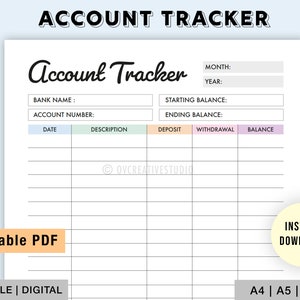 Editable Account Tracker | Printable Account Log | Bank Account Tracker | Account Details | Account Balance | Bank Balance Log | Digital PDF