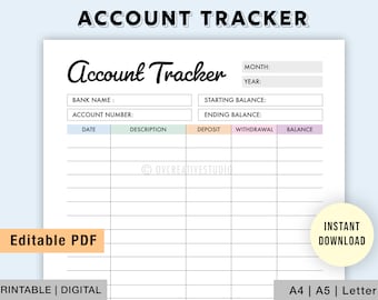 Editable Account Tracker | Printable Account Log | Bank Account Tracker | Account Details | Account Balance | Bank Balance Log | Digital PDF