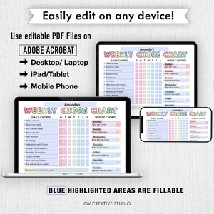 May include: A printable chore chart for kids with a rainbow color scheme. The chart is divided into daily and weekly chores. The chart is editable and can be used on a computer, tablet, or phone.
