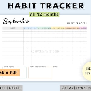 May include: A printable habit tracker for September with a grid for tracking daily habits. The tracker includes sections for "What I Did Well", "What I Need to Improve", and "Notes".