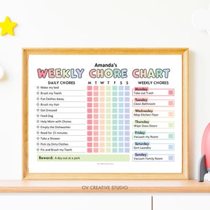 May include: A printable chore chart for kids with a colorful design. The chart includes daily chores like making the bed, brushing teeth, and putting clothes away. It also includes weekly chores like taking out the trash, cleaning the bathroom, and vacuuming. The chart has a reward section that says "A day out at a park".