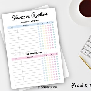May include: A white skincare routine planner with the text "Skincare Routine" at the top. The planner includes sections for morning and evening routines, with spaces to list steps and products, and a weekly tracker with colorful dots. The text "Print & Write" is at the bottom.