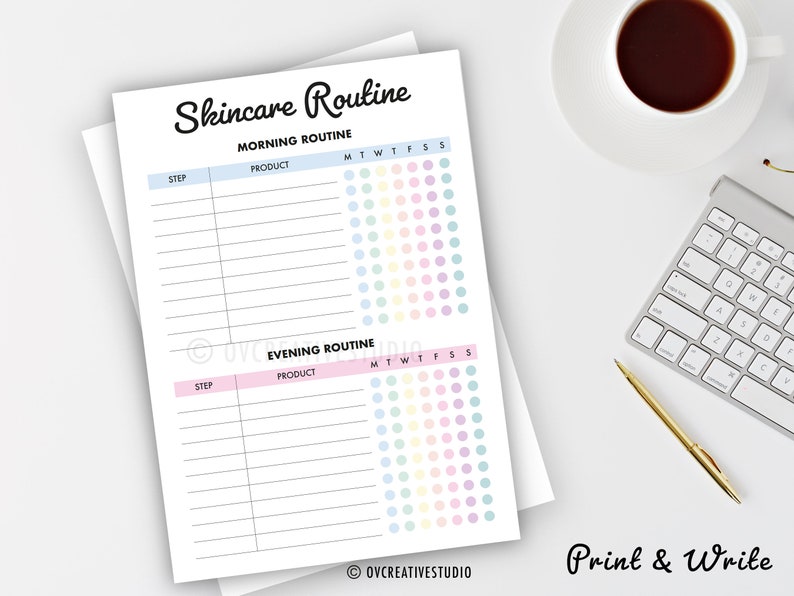 May include: A white skincare routine planner with the text "Skincare Routine" at the top. The planner includes sections for morning and evening routines, with spaces to list steps and products, and a weekly tracker with colorful dots. The text "Print & Write" is at the bottom.