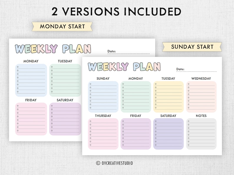 Puede incluir: Dos plantillas de planificador semanal imprimibles con cuadros de colores pastel. El primer planificador comienza el lunes y el segundo el domingo. Ambos planificadores tienen espacio para listas de tareas diarias y notas.