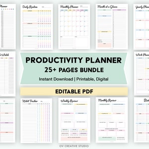 Bearbeitbares Produktivitäts-Planer-Paket | Tägliche, wöchentliche, monatliche To-Do-Liste | Druckbar, Digital | Brain Dump Templates | Arbeit, Zuhause, Schule