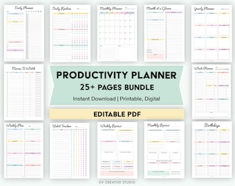 Editable Productivity Planner Bundle | Daily, Weekly, Monthly To Do List | Printable, Digital | Brain Dump Templates | Work, Home, School