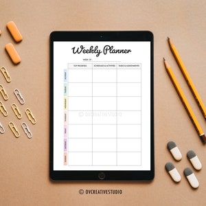 May include: A weekly planner on a tablet screen with a white background. The planner has columns for top priorities, schedules and activities, and tasks and assignments. The tablet is on a brown surface with pencils, erasers, and paper clips.