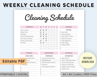 Programa de limpieza editable / Lista de limpieza imprimible / Lista de verificación de limpieza / Planificador de limpieza semanal, Lista de tareas / Tareas domésticas / PDF digital