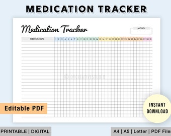 Editable Medication Log | Medicine Taker Tracker | Printable Monthly Medication Tracker | Medicine Tracker |  Supplement Tracking Sheet PDF