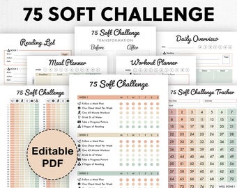Editable 75 Soft Challenge Tracker Bundle | Printable | Daily 75 Soft Challenge journal | Habit Tracker, Weight Loss, Fitness, Meal Planner