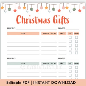 Lista de regalos de Navidad imprimible / Rellenable / PDF editable / Planificador de Navidad imprimible / Plantilla de lista de tareas pendientes de Navidad / Lista de regalos navideños