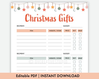 Könnte beinhalten: Druckbare Weihnachtsgeschenkliste mit einem festlichen Design mit Ornamenten und Sternen. Die Liste enthält Abschnitte für Empfänger, Artikel, Website oder Geschäft, Preis, Kauf und Verpackung.
