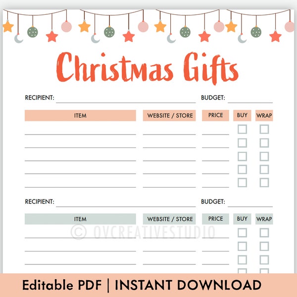 Weihnachtsgeschenk Liste Printable | Befüllbar | Bearbeitbares PDF | Weihnachts-Planer Printable | Weihnachts To Do List Vorlage | Urlaub Geschenkliste