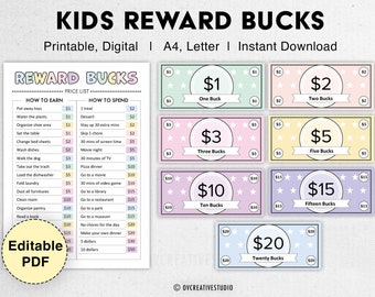 Editable Kids Reward Bucks | Printable | Mom Bucks, PDF Reward System For Kids | Chore Bucks, Good Behavior Bucks, Play Money, Pretend Money