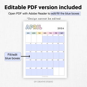 2026 Monthly Calendar | Printable, Fillable | Dated Monthly Template | 2026 Digital | Portrait, Vertical, 2026 Diary Insert | A4, A5, Letter image 6