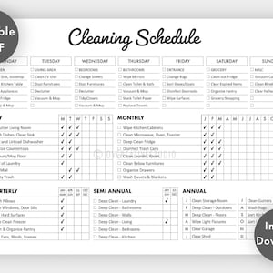 Bewerkbaar schoonmaakschema | Afdrukbaar | Wekelijkse, maandelijkse, jaarlijkse schoonmaakchecklist | Schoonmaakplanner, lijst met huishoudelijke taken | Digitaal | Pdf