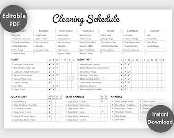 May include: A black and white printable cleaning schedule checklist with a calendar grid for daily, weekly, monthly, quarterly, semi-annual, and annual cleaning tasks. The checklist includes tasks for the kitchen, living area, bedrooms, bathrooms, entrance, grocery, and miscellaneous areas.