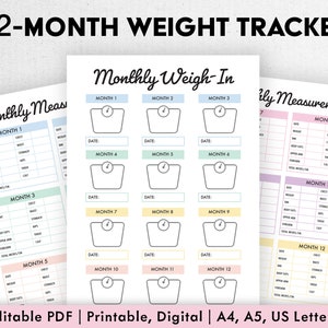 Maandelijkse gewichtsverlies-tracker, afdrukbare, digitale, bewerkbare PDF, 12 maanden gewichtsdagboek, één jaar gewichtsverlies, gewichtsmeetgrafiek
