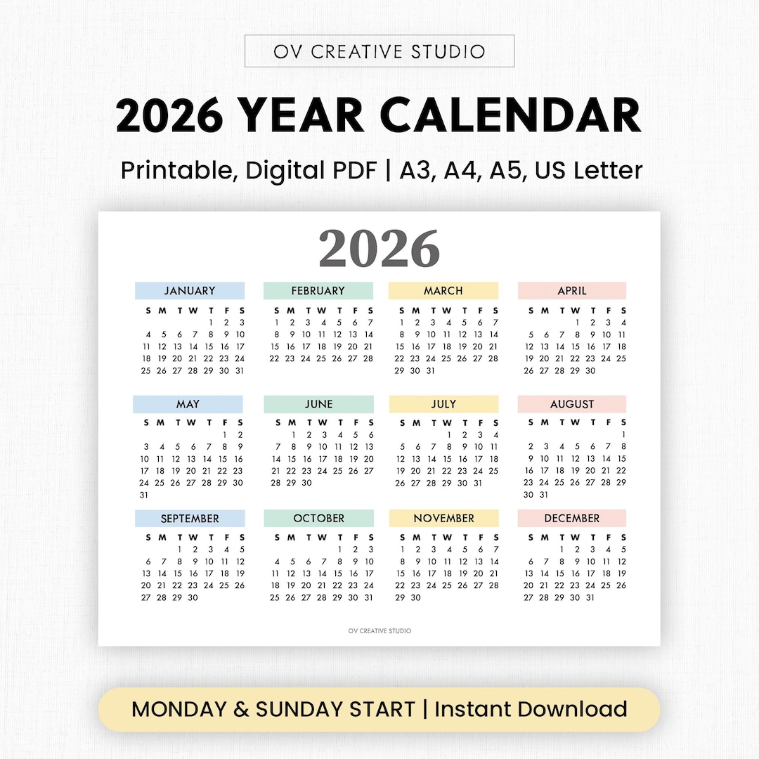 2026 Year Calendar Printable | Year at a Glance | Digital Download ...