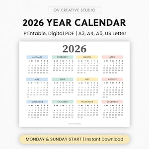 2026 Year Calendar Printable | Year at a Glance | Digital Download | 2026 Annual Calendar | Yearly Planner | Yearly Tracker | Wall Calendar